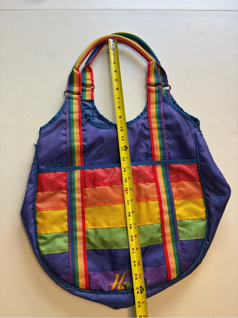 Vintage Hawaii Rainbow Stripe Tote Bag Purple Nylon 80s 90s Beach Travel gym - Picture 9 of 10